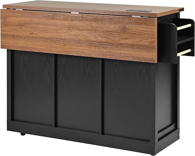Merax 53.7" Kitchen Cart Island on Wheels with Power Outlet,Drop Leaf and 2 Sliding Barn Door,Farmhouse Wood Frame Storage Cabinet for Dining Room