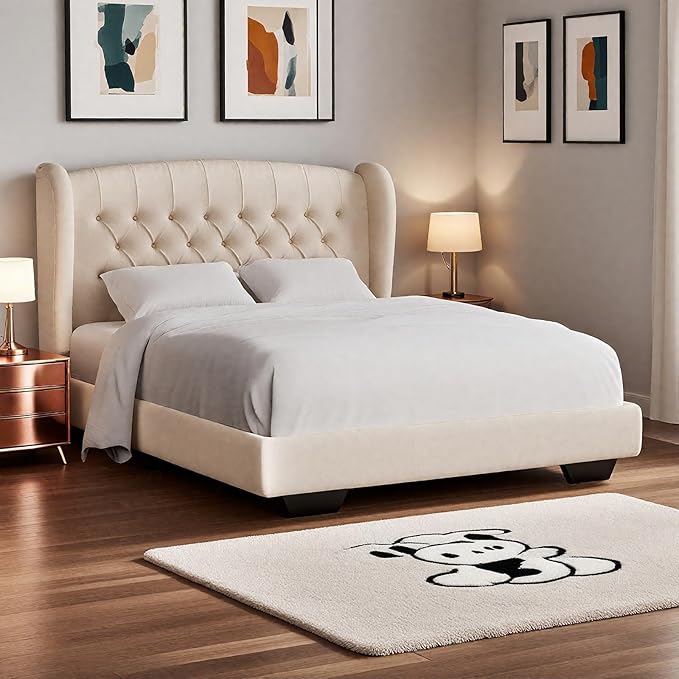 Rosevera Upholstered Queen Bed Frame with Adjustable Tufted Headboard,Classic Solid Wood Bed Frame with Wingback Headboard for Bedroom,Beige (Beige, Queen (U.S. Standard))
