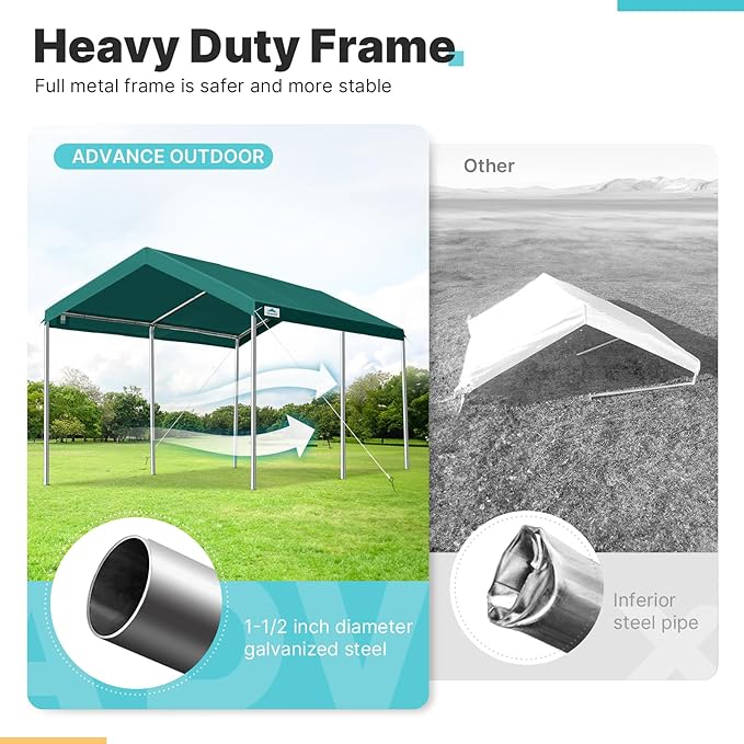 ADVANCE OUTDOOR 10x15 ft Heavy Duty Carport Potable Car Canopy Garage Party Tent Boat Shelter, Adjustable Height from 9.5 ft to 11 ft, Green