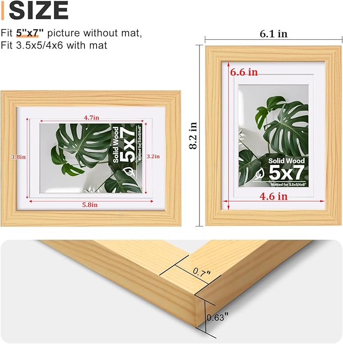 Egofine 5x7 Picture Frame Natural Wood Made of Solid Wood with Plexiglass, Display Pictures 3.5x5/4x6 with Mat or 5x7 Without Mat for Tabletop and Wall Mounting