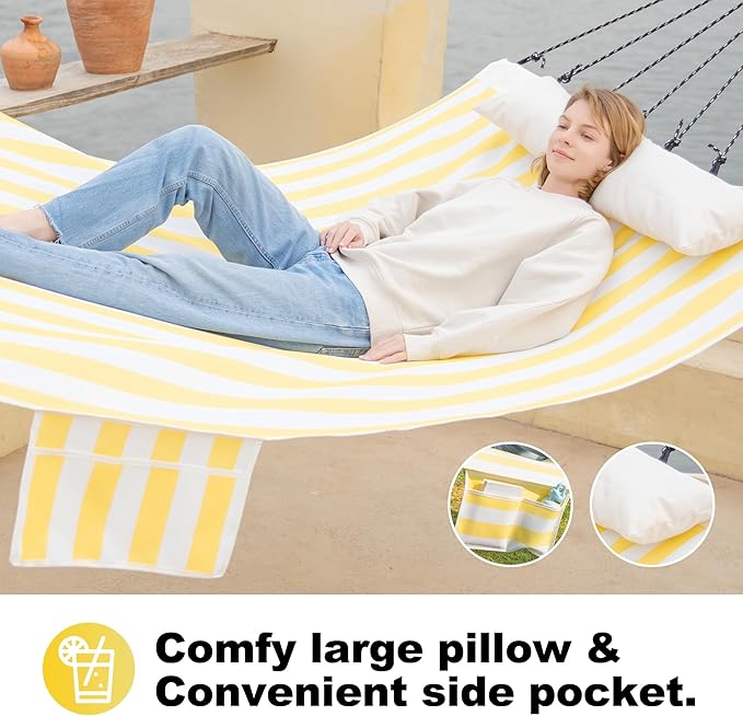 14ft Two Person Outdoor Hammock, Portable Camping with Folding Steel Spreader Bar, Carrying Bag, Carabiners, Tree Straps, Pillow & Sidebag, Quick Dry Textilene, 550 lbs Capacity (Lemon)