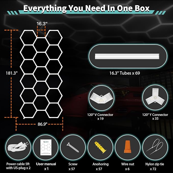 Hexagon Garage Lights: 476W 69 Pack 17 Grids LED Garage Lights - Easy Install 6500K Super Bright Honeycomb Light for Warehouse, Car Detailing Shop, Exhibition Hall, Gym