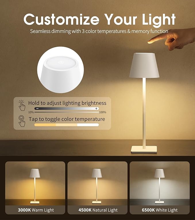 UME 3 Pack Cordless Table Lamp, Battery Operated Lamp - Portable Waterproof Rechargeable Table Lamp w/ 3 Color Temps & Stepless Dimming for Dinner, Desk, Cafe, Outdoor (White)