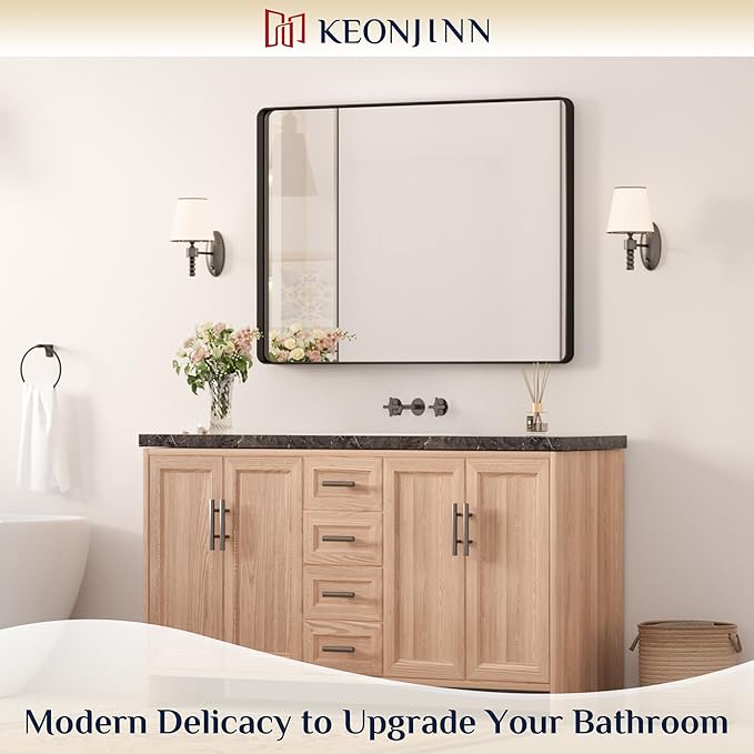 Keonjinn Black Framed Mirror for Bathroom 40 x 30 Inch Rounded Rectangle Wall Mirror, Matte Black Vanity Mirror for over Sink, Tempered Glass Farmhouse Mirror Seamless Metal Frame(Horizontal/Vertical)