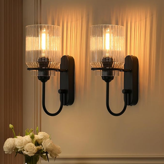 Wall Sconce Set of Two, Bathroom Modern Black Vanity Light Fixture with Clear Glass Shade Indoor Wall Light for Living Room, Bedroom, Hallway, Mirror and Kitchen