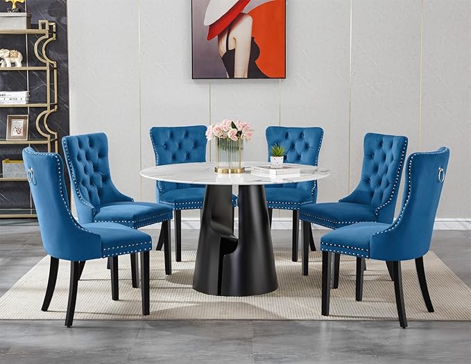 7-Piece Faux Marble Round Dining Table Set for 6, Modern Luxury Kitchen Table Set for 6 with Blue Tufted Chairs,Circle Dining Tables with White Marble Grain Top and Black Pedestal Base