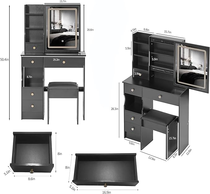 29.2" Small Vanity Desk with Mirror and Lights, Makeup Table with Led Lights and Sliding Mirror, 3 Lighting Colors, Vanity Set with 5 Drawers and Stool for Small Space Bedroom, Black