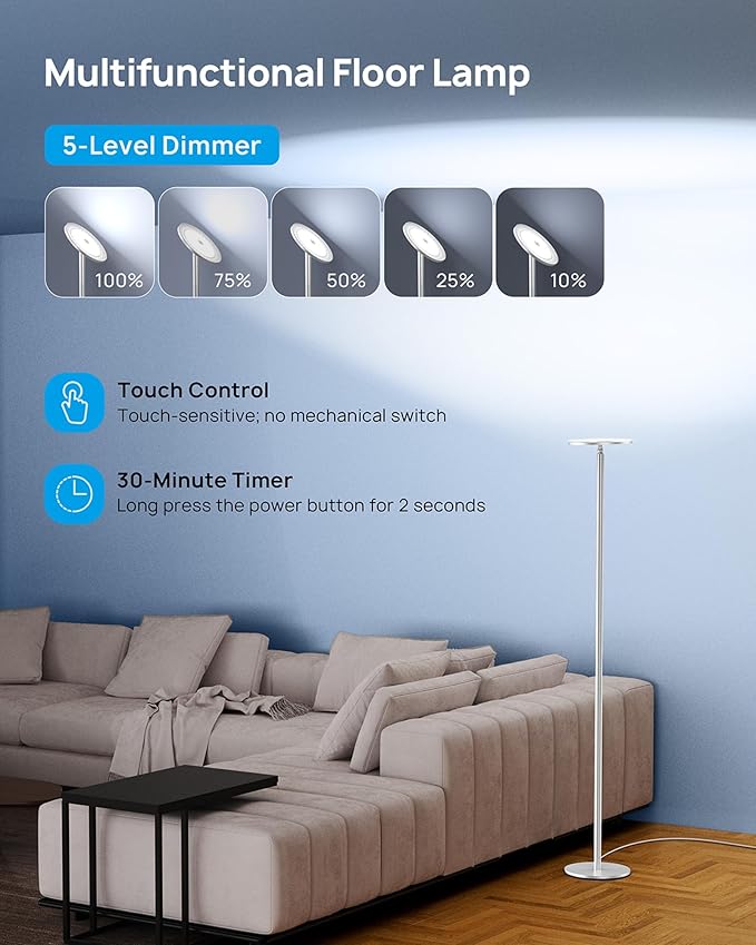 TROND Floor Lamp, LED Torchiere Uplight Lamp, 5 Brightness Aluminum Modern Standing Light, 5500K Natural Daylight, 5000 lm, 71in Tall, 30 Mins Timer, Detachable, for Office Living Room Bedroom, Silver
