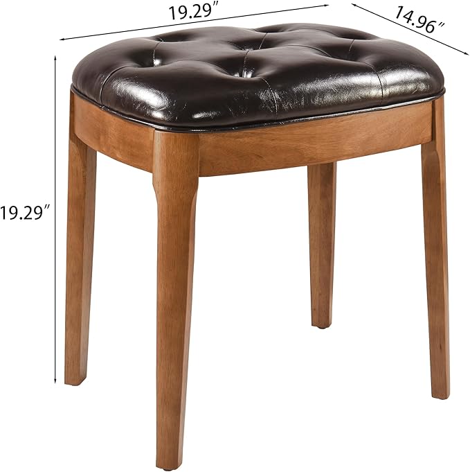 Solid Wood Button Tufted Vanity Stool, Ottoman Stool with Wood Legs & Padded Seat PU Leather Upholstered Piano Bench with Non-Slip Foot Pads Accent Chair for Bedroom Entryway, Dark Brown