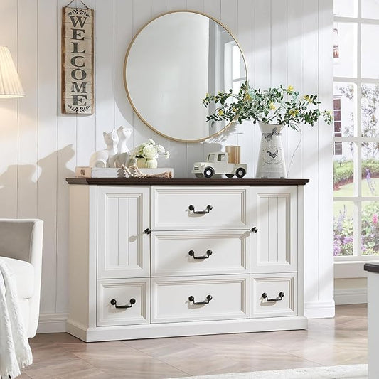 Farmhouse 5 Drawers Dresser for Bedroom, Wood Rustic Storage Organizer Closet Chest, Chest of Drawers w/Groove Barn Door&Shelf for Closet, Living Room, Dining Room, Hallway-White