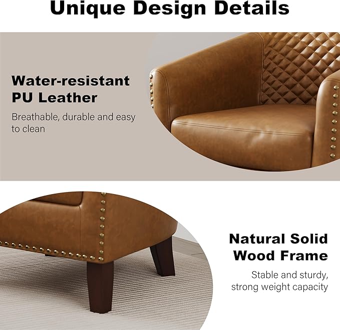 Accent Barrel Chair, Upholstered Faux Leather Club Chair with Nailed Trim, Comfy Reading Armchair for Living Room Bedroom Reception Room Office (Coffee, Set of 2)