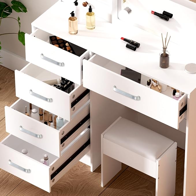 Makeup Vanity Desk with Mirror Lights, Vanity Table with 6 Drawers and Cabinet, Small Vanity Set with Chair Stool, 3 Modes Adjustable Sliding Mirror, White Vanity for Bedroom
