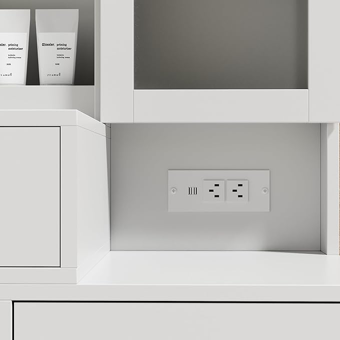 White Makeup Vanity Desk with Sliding Mirror and LED Lights,Power Outlet&Vanity Stool for Makeup Table,Makeup Organizer Countertop Cabinets&5 Storage Drawers, Vanity Table for Women