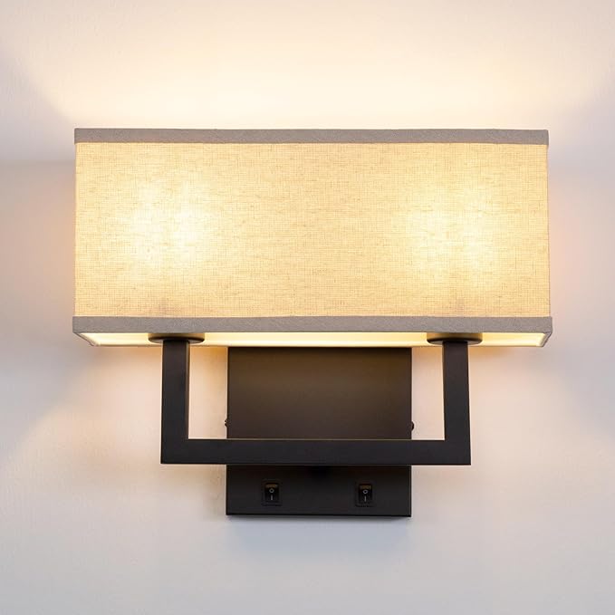 Yosoan Linen Fabric Boho Wall Sconce Bedside Light with On Off Switch, 2-Light Finished Hardwired Vintage Industrial Dual Wall Mount Lamp Lighting Square Shade for Bedroom Living Room Stairwell(Black)