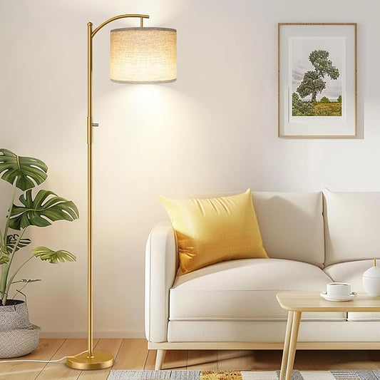 Dimmable Floor Lamp, Arc Floor Lamps for Living Room, Stepless Dimming Modern Standing Lamp with Linen Shade, Tall Lamp for Bedroom Office Dining Room- Gold