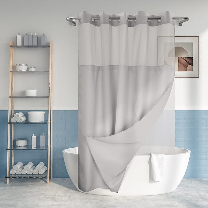 Extra Long No Hook Slub Textured Shower Curtain with Snap-in PEVA Liner Set - 71" x 86"(84"), Hotel Style with See Through Top Window, Grey Fabric Curtain & Waterproof Liner, Gray, 71x86