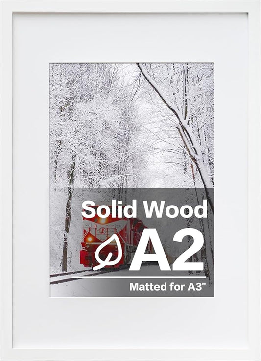Egofine A2 Solid Wood Picture Frame, Made of Solid Wood Covered by Plexiglass A3 with Mat 16.5 x 23.4 without Mat, Poster Frame for Wall Mounting Hanging Photo Frame Vertically or Horizontally, White