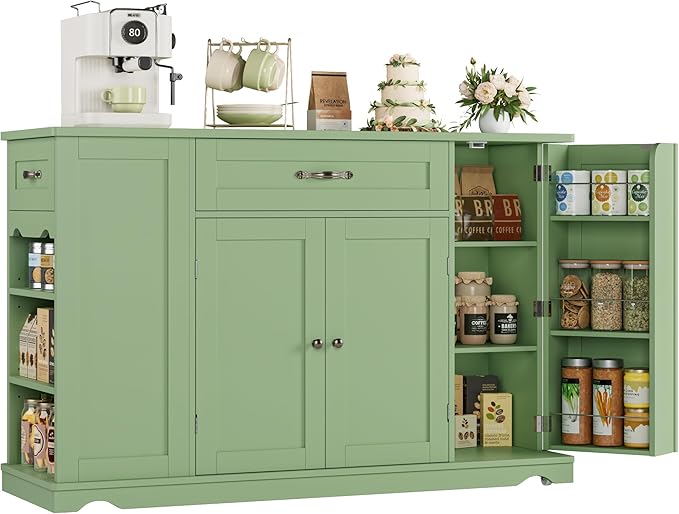HOSTACK Kitchen Island Cart with Storage, 47'' Kitchen Storage Island on Wheels with 2 Drawer, Rolling Island Table with Adjustable Shelve, Mobile Buffet Sideboard Cabinet for Dining Room, Light Green