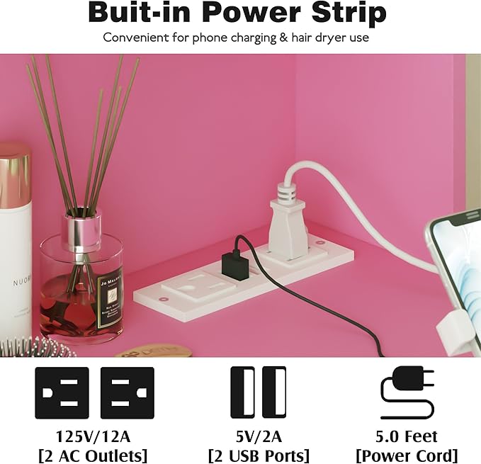 YESHOMY Vanity Desk with Mirror, Power Outlet and 10 Lights, Makeup Table with 7 Drawers, 3 Color Modes Available for Bedroom, Light Pink