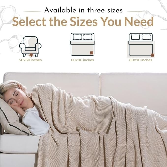 Dalisa 100% Organic Turkish Cotton Throw Blanket - GOTS Certified, Cozy - Perfect for Couch, Bed, and Home Decor - Boho Vintage Knit Alina (Beige, 50x60)