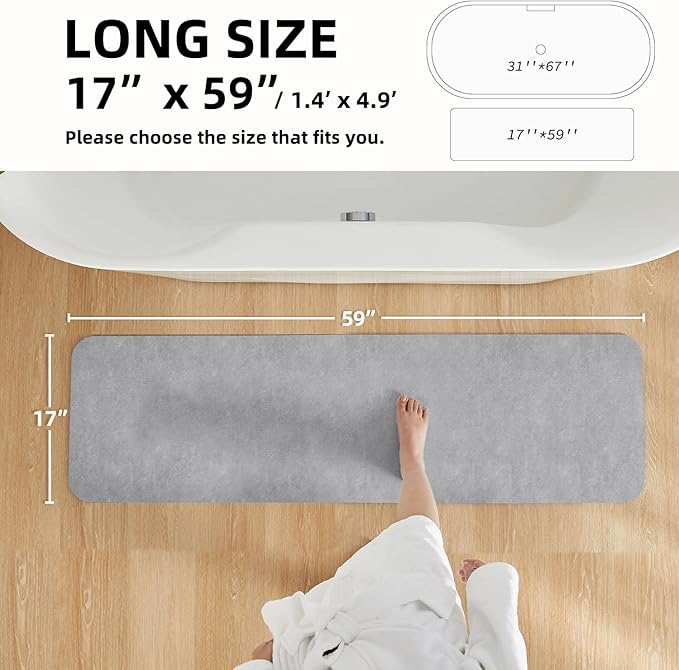 Bathroom Mat Quick Dry, Bathroom Rugs Non Slip Washable Thin Absorbent Bath Mat Fits Under Door Bathroom Floor Mat Perfect for Bath, Shower, or Sink 17"x59" Light Grey