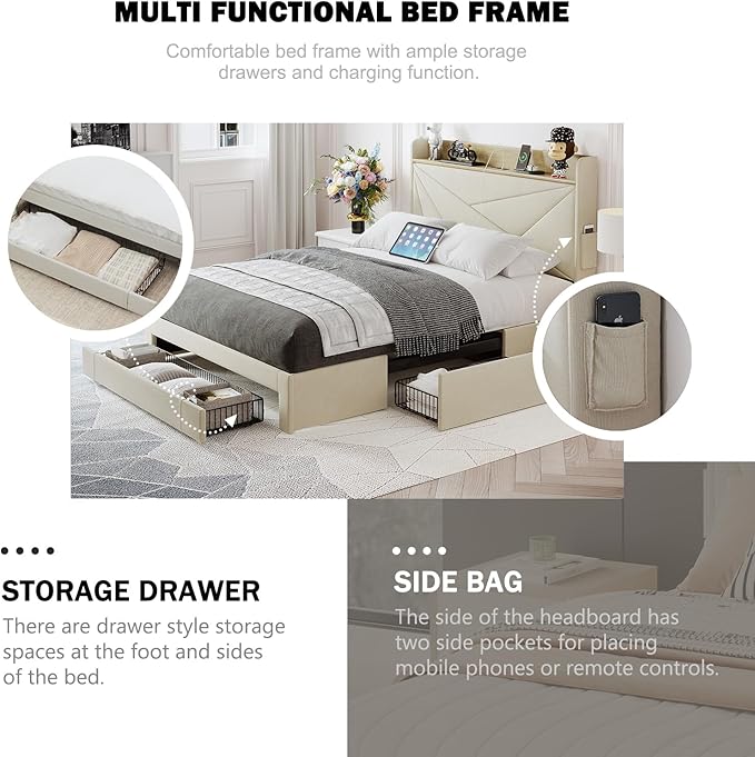 Full Size Bed Frame with 3 Drawers, Upholstered Bed Frame Full Size with Storage Headboard, AC USB & Type C Charge Station, Wooden Support Slats No Box Spring Needed Easy Assembly, Beige