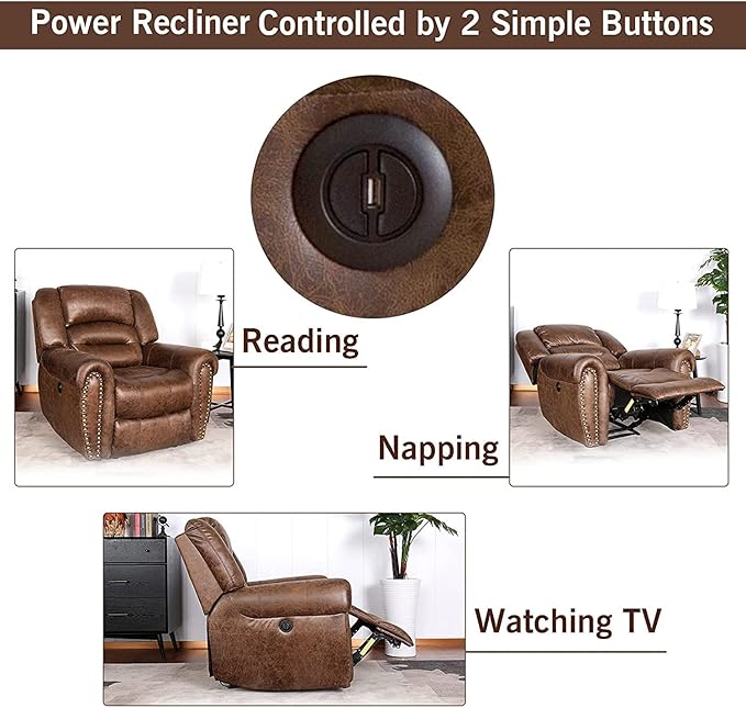 ANJ Electric Recliner Chair W/Breathable Bonded Leather, Classic Single Sofa Home Theater Recliner Seating W/USB Port (Nut Brown)