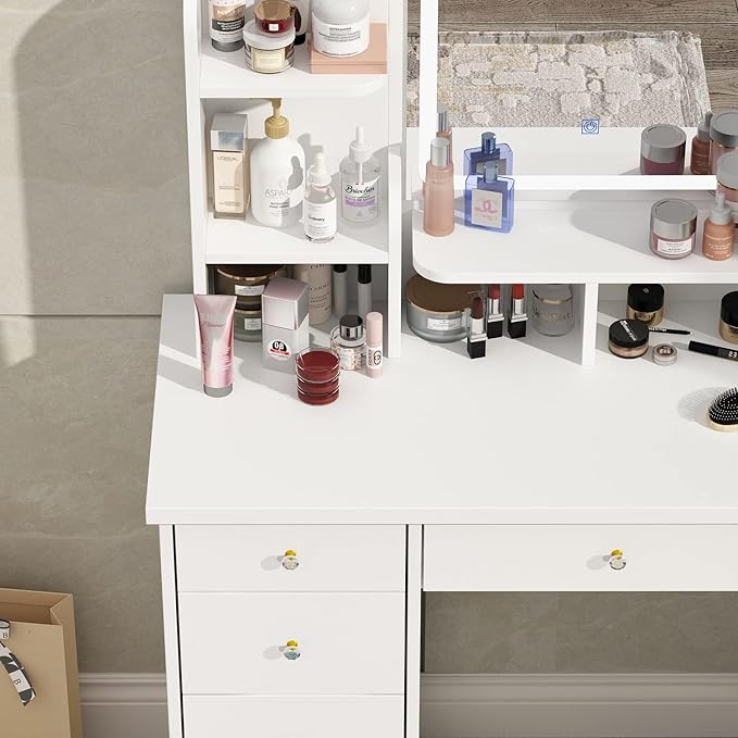 ECACAD Vanity Desk, Vanity Table Set with LED Lighted Mirror, Makeup Vanity Dressing Table with Drawers, Storage Shelves, Crystal Handles and Cushioned Stool, White