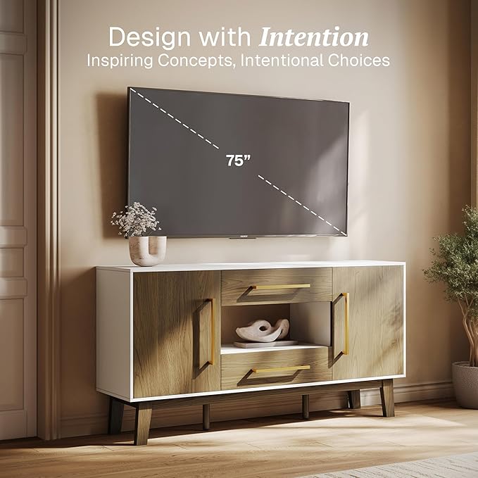 BELLEZE 63" Mid-Century Modern TV Stand for TV up to 65", Storage Media Console with Two Drawers and Cabinets, Entertainment Center for Living Room(Dark Walnut)