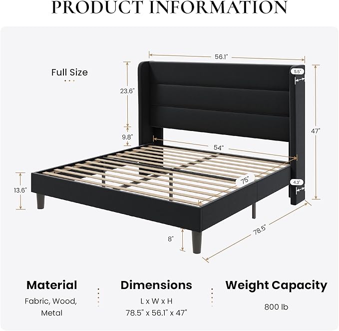 SHA CERLIN Full Size Velvet Bed Frame/Vertical Channel Tufted Wingback Headboard/Upholstered Platform Bed with Wooden Slats/Mattress Foundation/No Box Spring Needed/Easy Assembly/Black
