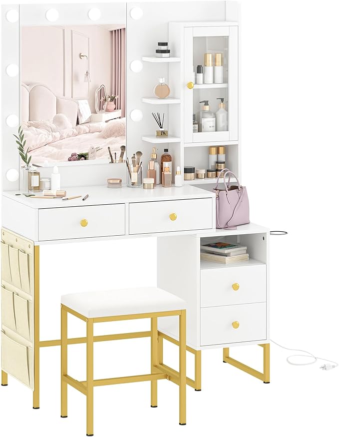 39" W Vanity Desk with Mirror, Makeup Vanity Set with Power Outlet and Comfortable Bench, Big Dressing Table with Lights Mirror and Drawers for Makeup, Modern Vanity for Bedroom White