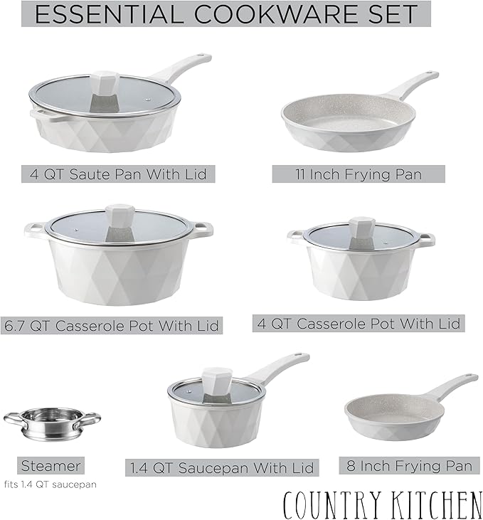 Country Kitchen Non-Stick Cast Aluminum Cookware Set - Durable Kitchen Cookware for Everyday Cooking, Cream Diamond, 11 Pc.