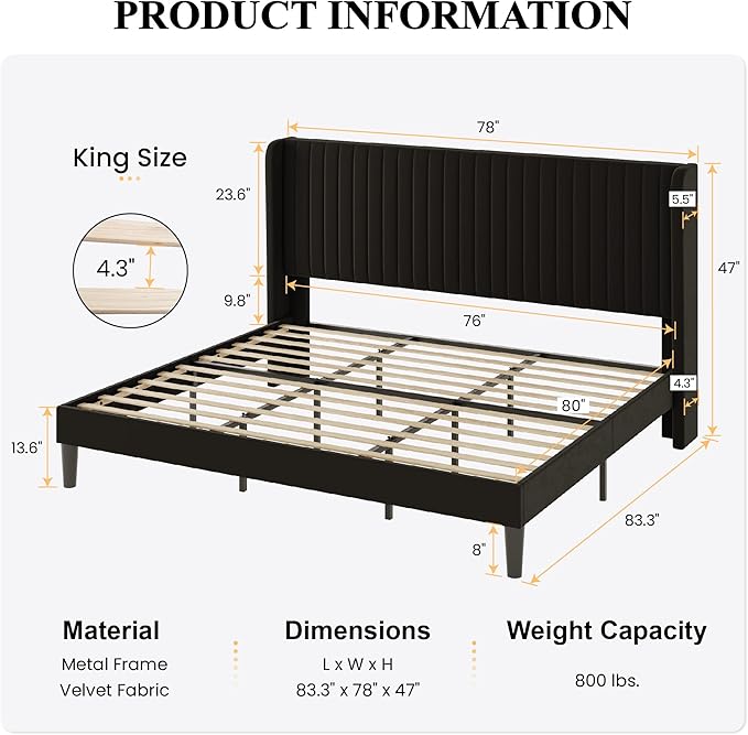SHA CERLIN King Size Velvet Bed Frame with Vertical Channel Tufted Wingback Headboard, Upholstered Platform Bed with Wood Slats, No Box Spring Needed, Easy Assembly, Black