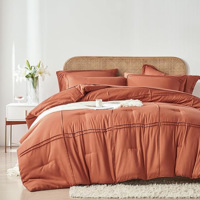Yogeneg Queen Comforter Set 7 Piece Bed in a Bag,Grid Pinch Pleat Terracotta Bedding Set,Striped Textured Soft Microfiber Comforter with Sheet Set,All Season Complete Bed Set(Terracotta,Queen)