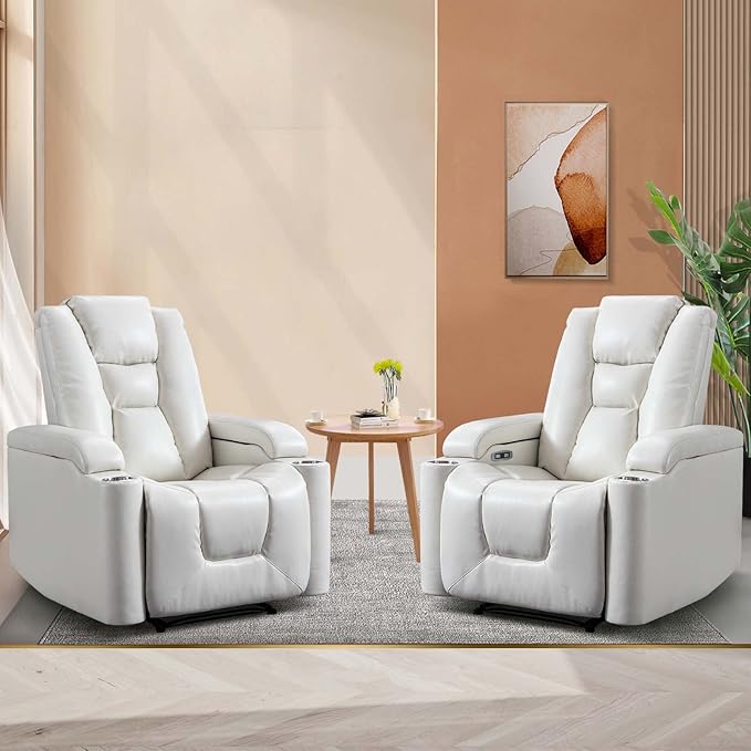 ANJ White Power Recliner Chair Set of 2, Electric Home Theater Seating Soft Leather Reclining Chairs for Movie Room Overstuffed Recliners with Hidden Arm Storage, Cup Holders and USB Ports