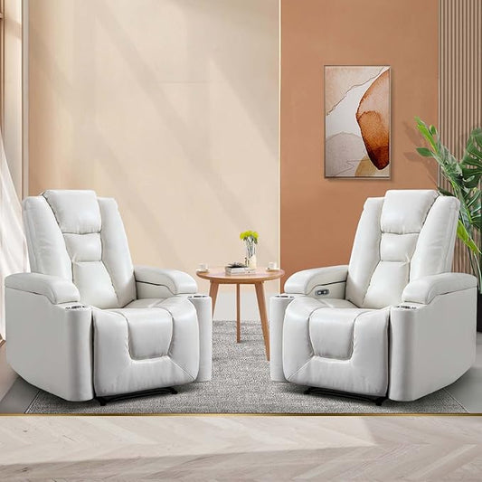 ANJ White Power Recliner Chair Set of 2, Electric Home Theater Seating Soft Leather Reclining Chairs for Movie Room Overstuffed Recliners with Hidden Arm Storage, Cup Holders and USB Ports