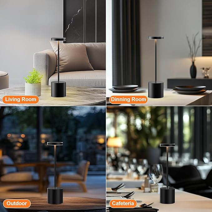 Rechargeable Table Lamp –Outdoor Touch Cordless Desk Lamps, 5000mAh Battery Operated Lamp with 3-Color Dimmable Light, Portable LED Lamp for Bedroom, Dining Room, Patio, Outdoor (Black)