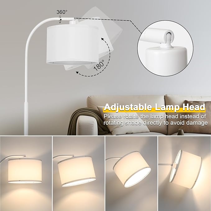 Floor Lamps for Living Room, White Arc Floor Lamp with Stepless Dimmer, Modern Standing Lamp with Adjustable Drum Shade, Tall Pole Lamp for Bedroom Study Room Office, 9W 3000K LED Bulb Included