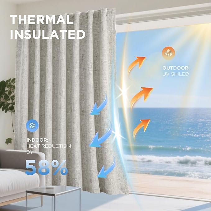Joydeco 100% Blackout Curtains for Bedroom - Natural Linen Curtains 42" W x 63" L Long, Thermal Insulated 2 Panels Light Beige. Room Darkening Light Blocking Drapes for Living Room