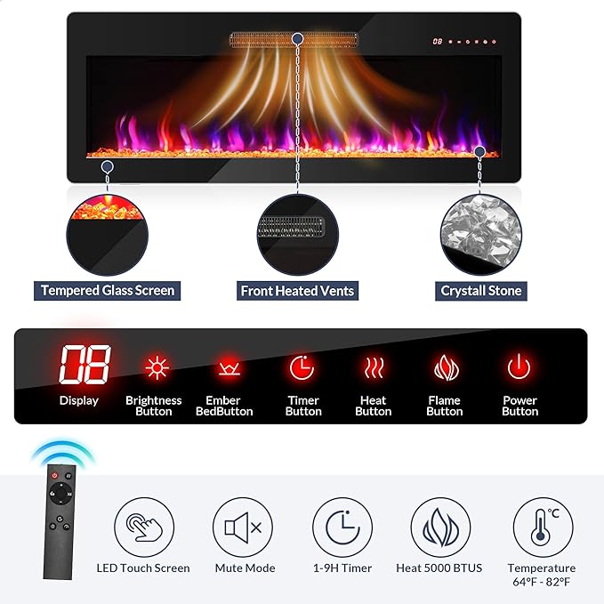 BELLEZE 74" Extra Large TV Stand for TVs Up to 85", Media Console Table with 42" Electric Fireplace Heater, Entertainment Center with Storage Cabinets for Living Room, Bedroom - Sienna (Black Ebony)