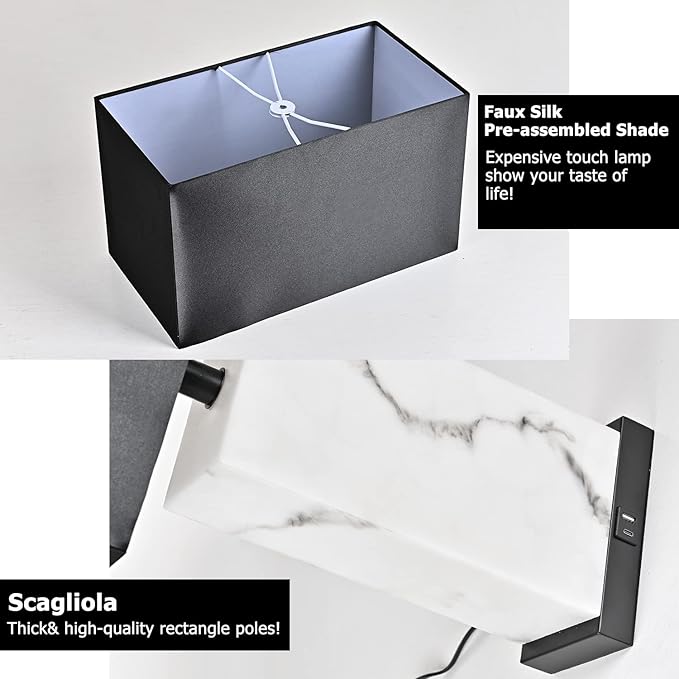 24” Black Touch Table Lamp Set of 2 with USB Ports, 3-Way Dimmable Bedside Nightstand Lamps for Bedroom Living Room End Tables, Night Stand Light Side Lamp Faux Silk Shade, Bulbs Included