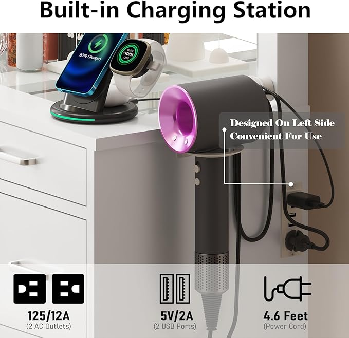 Likein Vanity Desk Set with Mirror and Lights & Power Strip, 47" Glasstop Vanity Makeup Desk with 9 Drawers for Girls, Lights Adjustable Large Hollywood Mirror Dressing Table with Chair for Bedroom