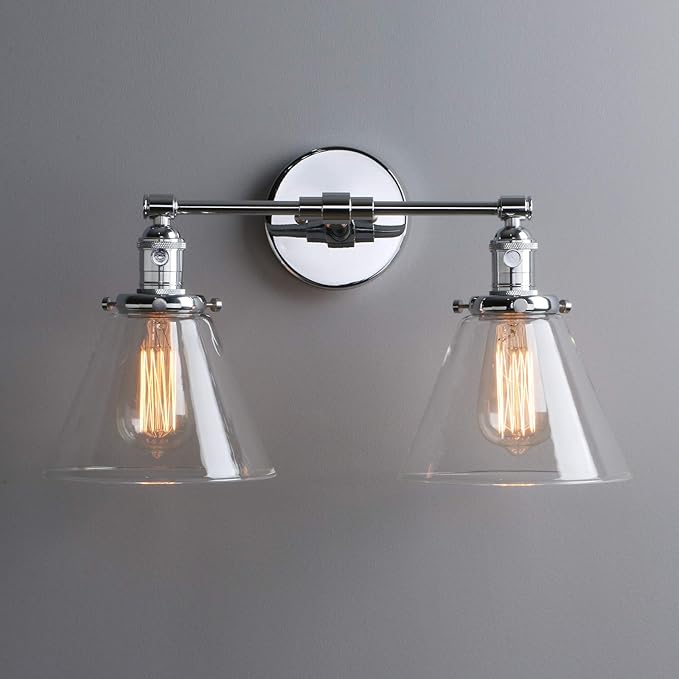 Phansthy 2-Light Wall Sconce Industrial Dual-Light Wall Light with Dual 7.3 Inch Cone Glass Lampshade(Chrome)