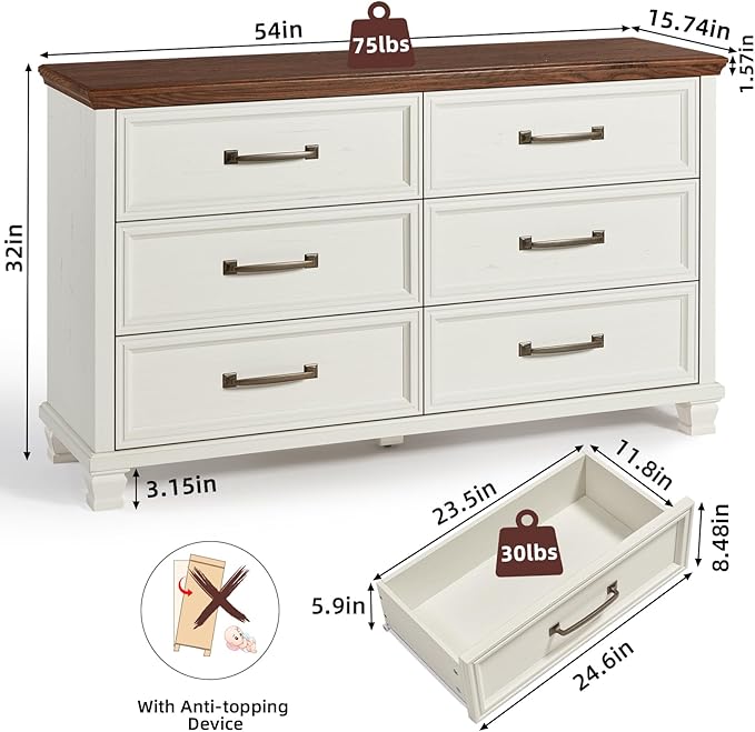 Farmhouse Wood 6 Drawer Dresser Set of 2, 54 inch Wide Large Vintage Chest of Drawers for Bedroom, Rustic Dressers TV Stand with Square Solid Wooden Legs for Living Room, Hallway, White