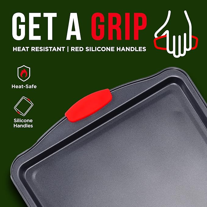 BAKKEN Kitchen Baking Pans - 15.15 x 10.03" Medium Nonstick Sheet, Durable Carbon Steel Cookie Sheet with Red Silicone Handles, PFOA, PFOS, PTFE Free, Oven Safe Tray (Up To 450°F), Set of 1