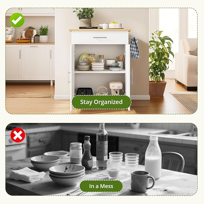 Kitchen Island with Storage - Mobile Rolling Kitchen Island Cart with Wheels, Large Drawer, Adjustable Shelf & Towel Rack, Space-Saving White Kitchen Organizer for Dining Room & Small Spaces