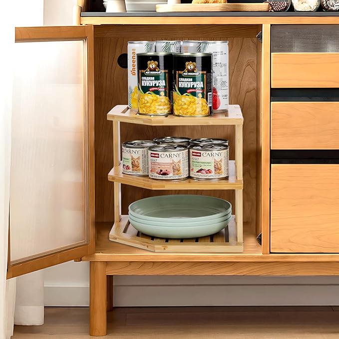 3-Tier Design Bamboo Corner Cabinet Organizer Countertop Kitchen Corner Rack, Plate Organizer for Cabinet Space Saver, Dishes, Bread Pantry, Bathroom Storage Racks or Countertop Racks