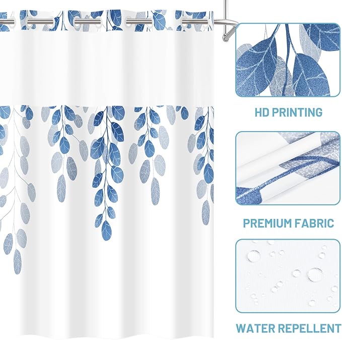 No Hook Shower Curtain with Snap in Liner - Eucalyptus Shower Curtain - Fabric Waterproof Inner Liner, Plants Blue Leaves Farmhouse Cloth Shower Curtains - Machine Washable, 71 x 74 Inch