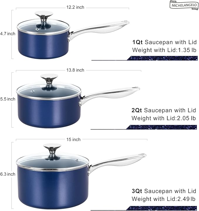 MICHELANGELO Sauce Pan Sets, Ceramic Saucepans with Lids, 1Qt & 2Qt & 3Qt Sauce Pans with Lid, Nonstick Saucepan Set, Small Pot with Stainless Steel Handle, Oven Safe, Blue