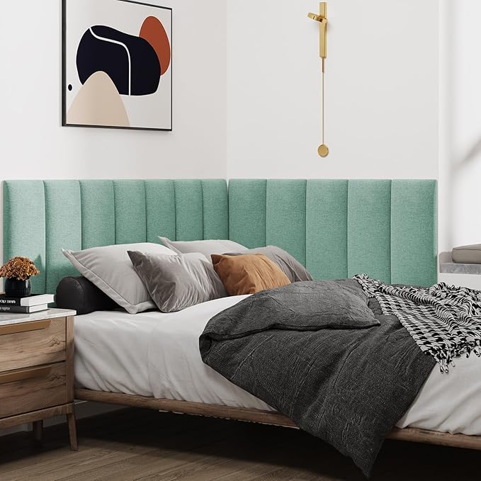 IFNOW Upholstered Wall Mounted Headboard, 3D Soundproof Wall Panels Peel and Stick for King Size, Reusable and Removable Tufted Bed Headboard in Grass Green (12 Panels, 10" x 24")